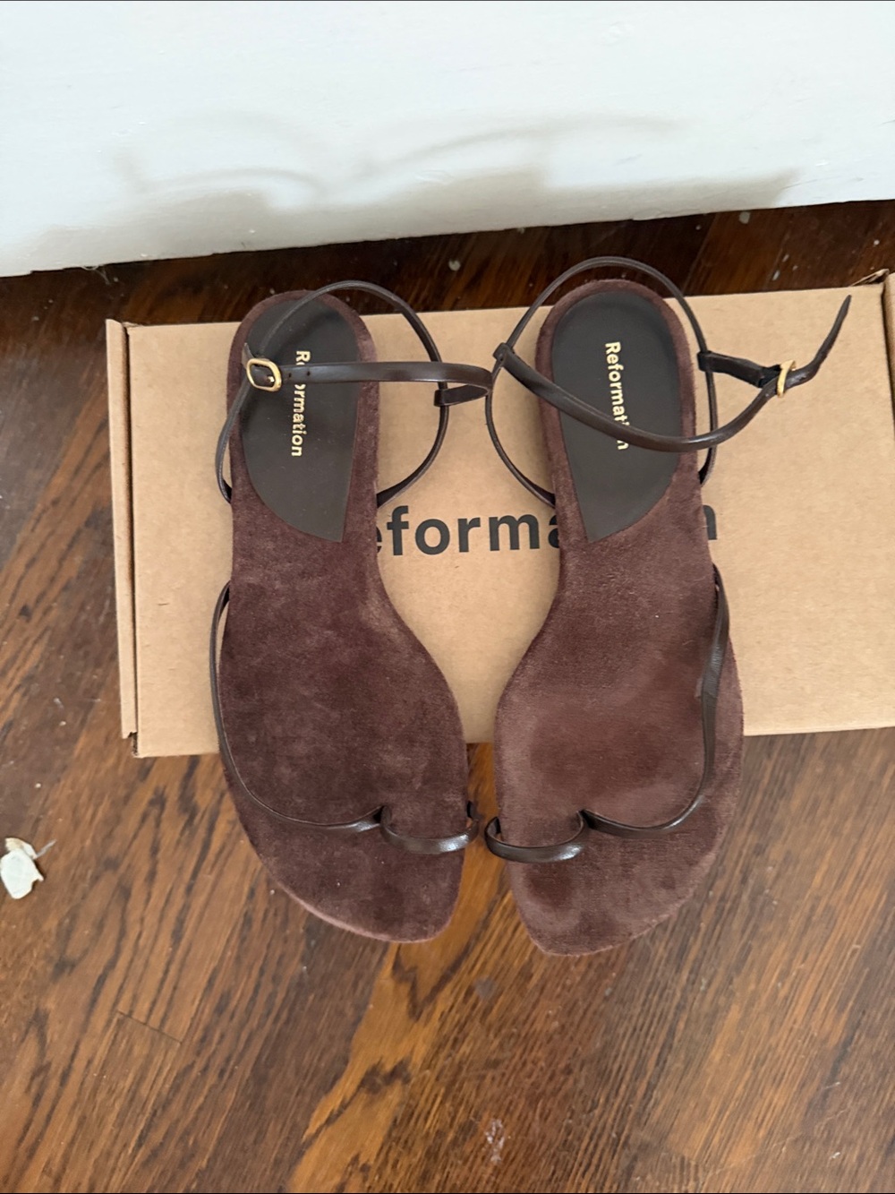Reformation Dark Brown Suede Open-Toe Ankle-Strap Sandals